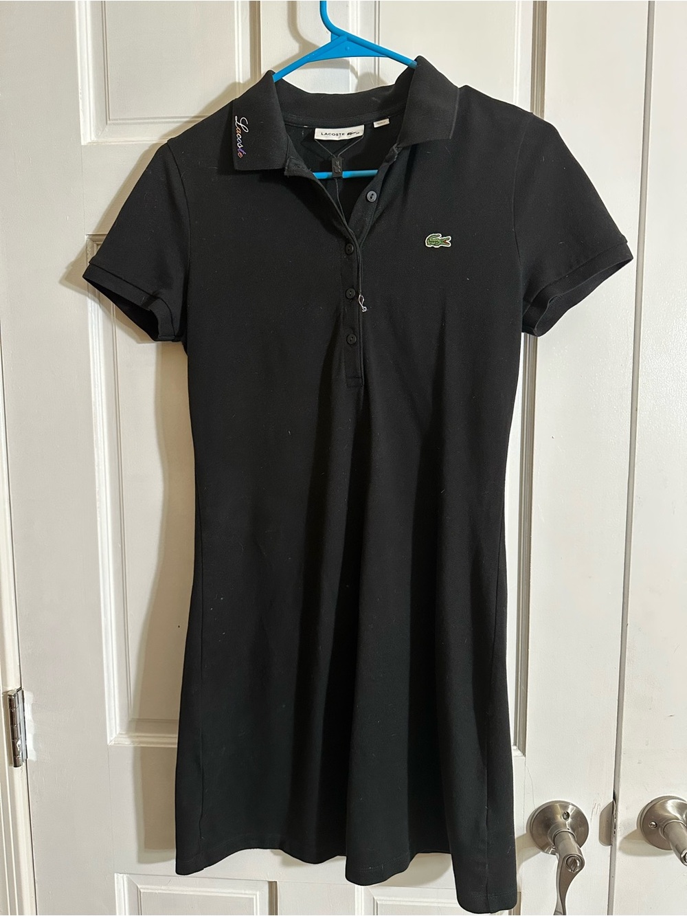 Lacoste Black Short-Sleeve Polo Dress with Green Crocodile Patch
